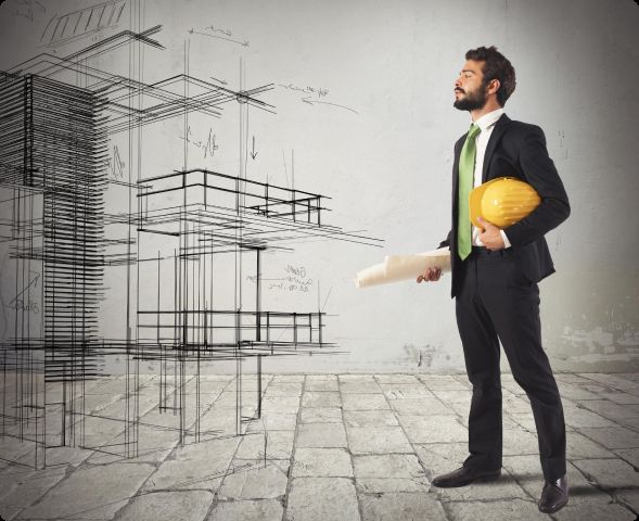 Professional architect holding blueprints and a hard hat, reviewing a 3D architectural building model
