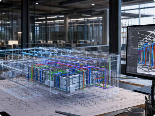MEP BIM 3D modeling on technical blueprints